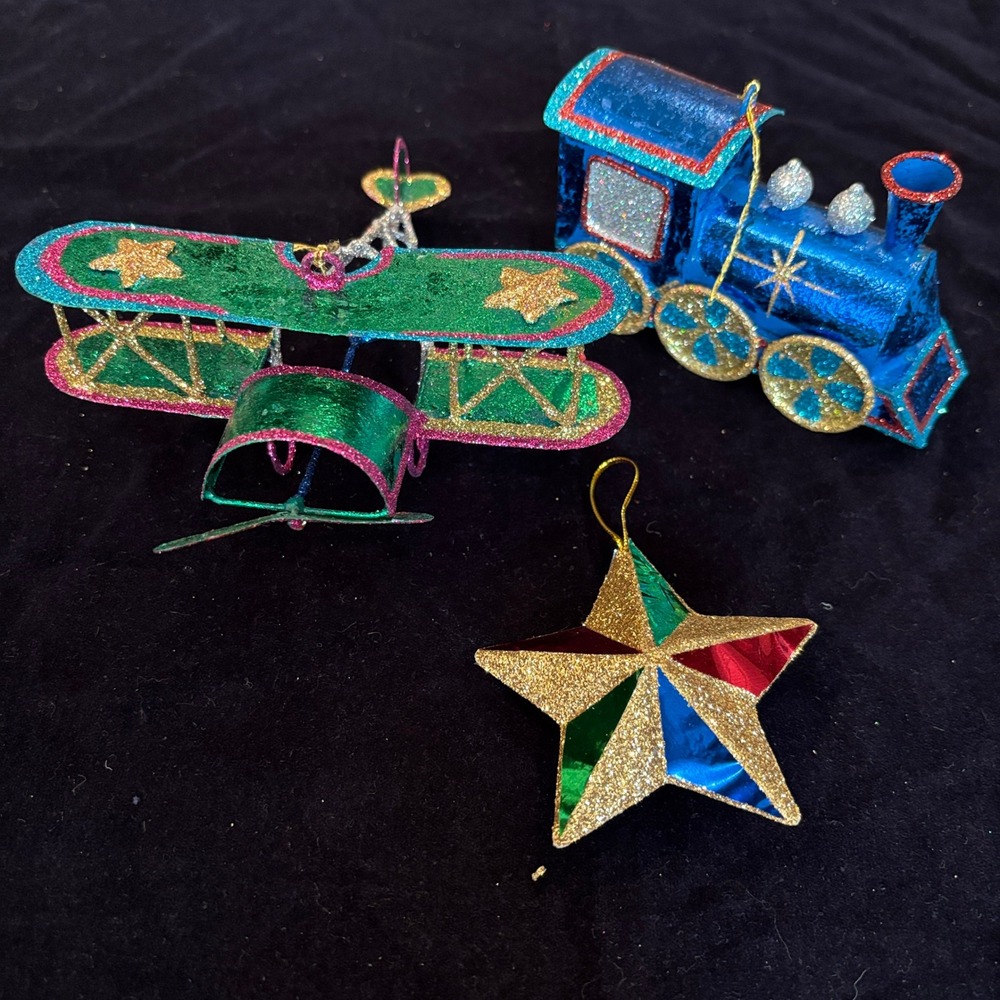 Vintage Glitter Metallic Foil Airplane Train Star Christmas Ornament Set 3pc